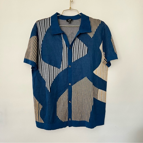 Express Geometric Print Sweater Polo Size Medium V-Neck Blue Multicolor - Picture 1 of 7